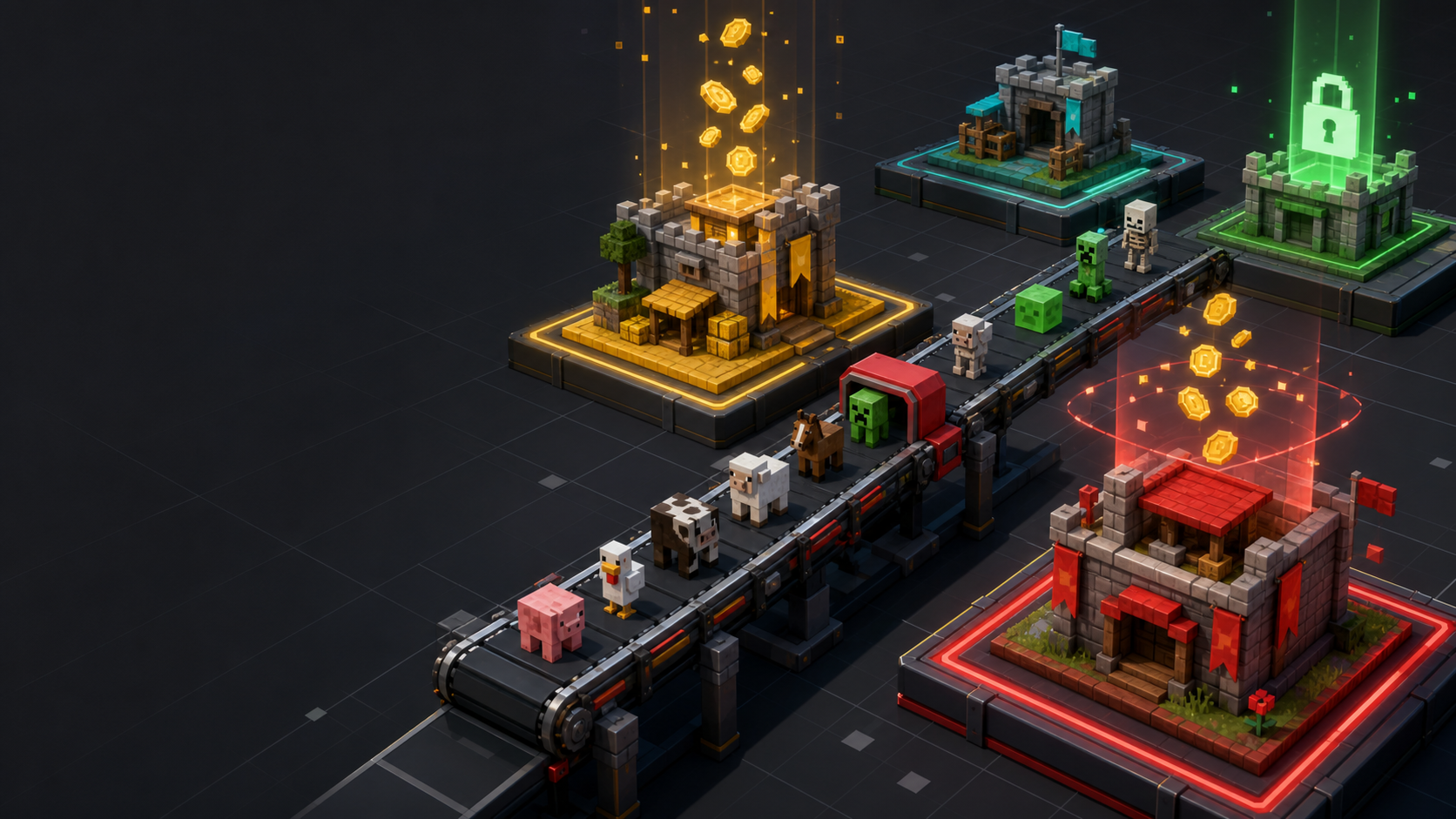 Stylized Steal A Mob arena with conveyor and bases